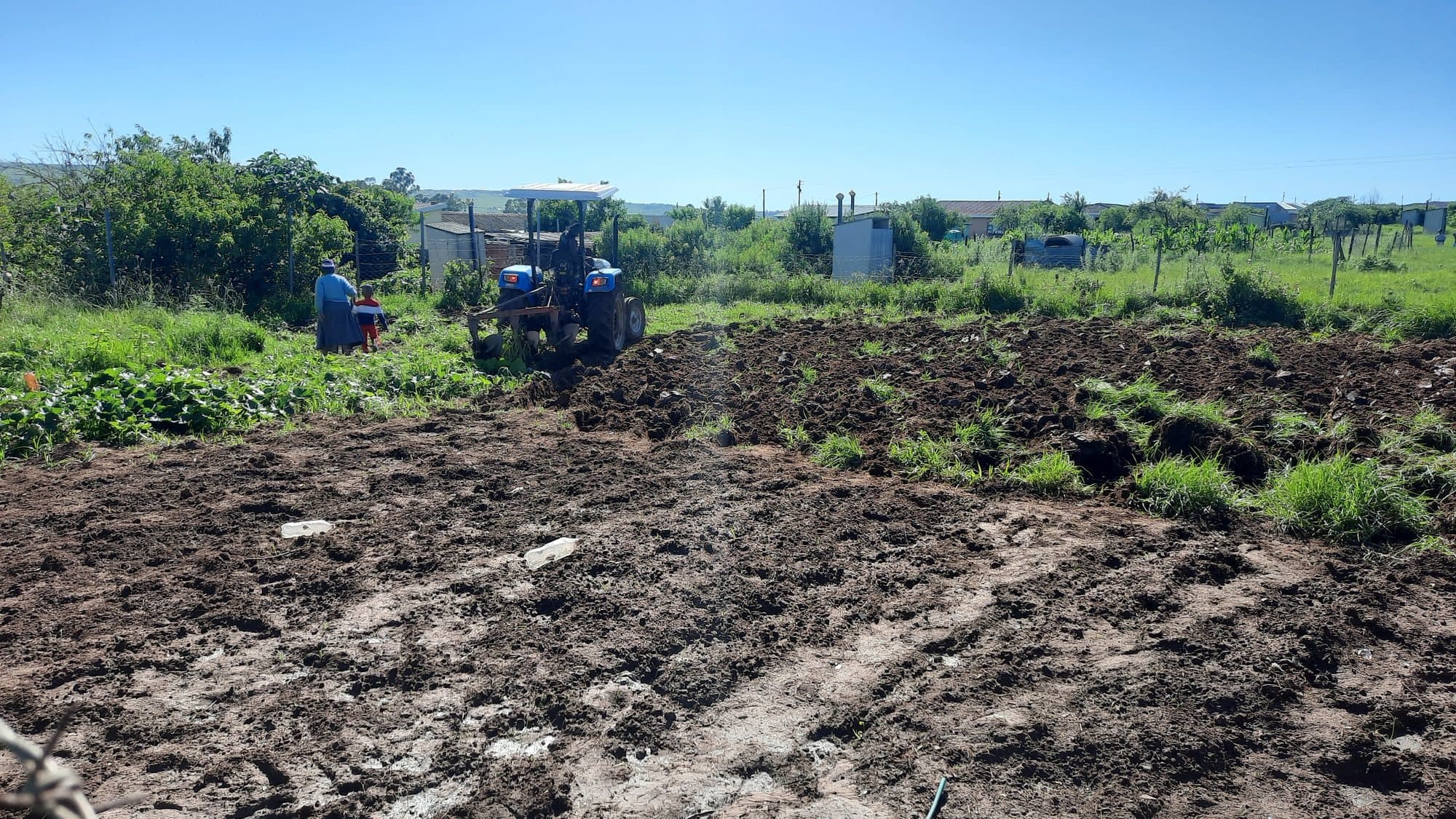 A tractor ploughing a community field while a family looks on